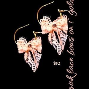 Pink Lace Bow Earrings with Gold Hoops